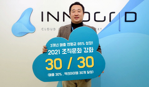 김명진 이노그리드 대표가 매출 30% 성장을 골자로 한 올해 경영목표를 소개하고 있다. 이노그리드 제공